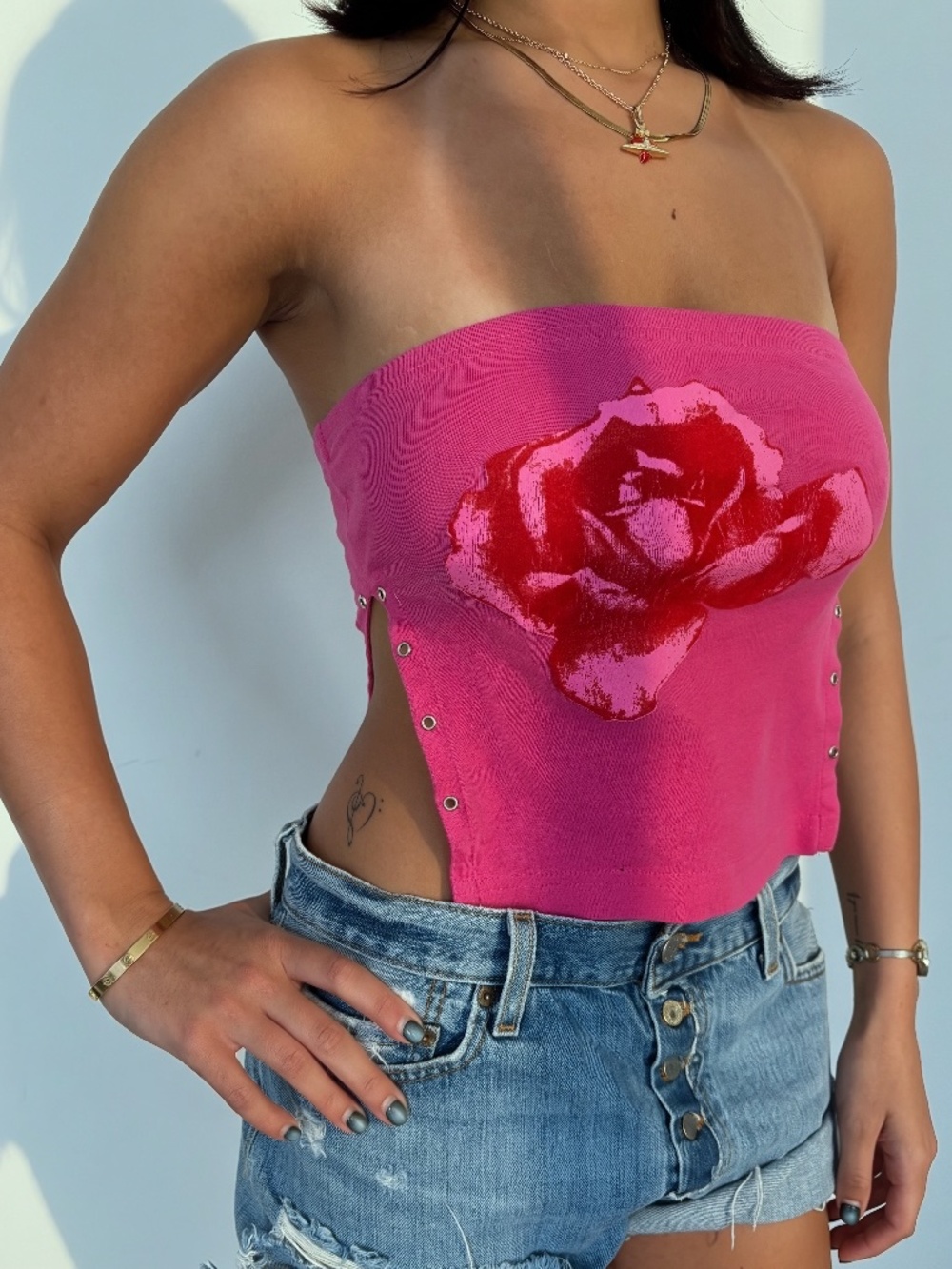 Y2K Ceres Hot Pink Rose Tube Top Crop Top